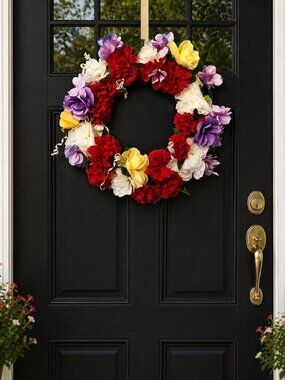 Spring Wreath for Front Door Yellow, Purple Roses, Red Carnation Handmade 16x16”